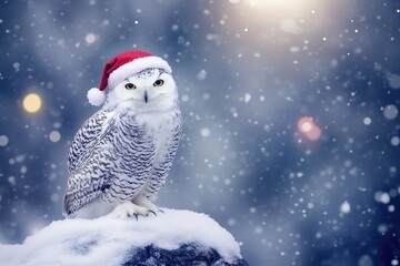 Obraz premium Snowy owl wearing a festive Christmas hat perched on a snowy rock during a winter snowfall with blurred lights in the background, copy space.