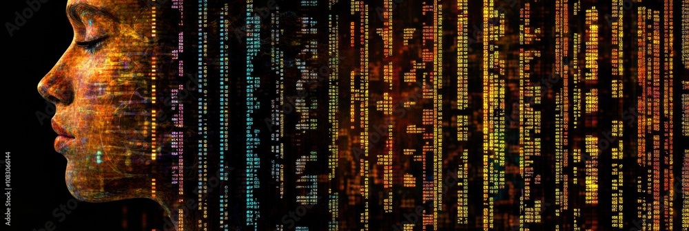Poster a human silhouette merges with vibrant dna sequences, illustrating the intricate relationship betwee