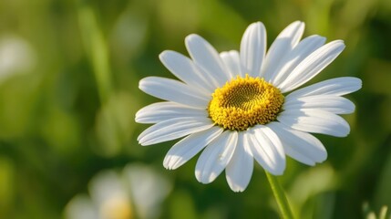 Obraz premium Close up of a blooming white plains blackfoot daisy against a vibrant green field backdrop