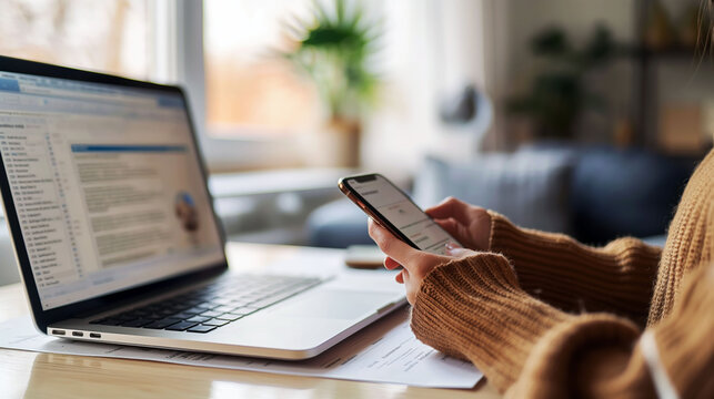 Person using smartphone for online donation with laptop and news website in soft daylight
