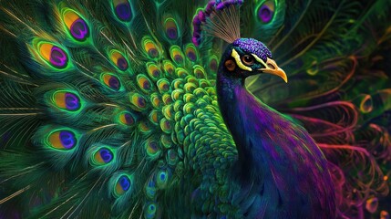 Fototapeta premium Colorful peacock showcasing a vibrant green and purple tail creating an optical illusion of expansion