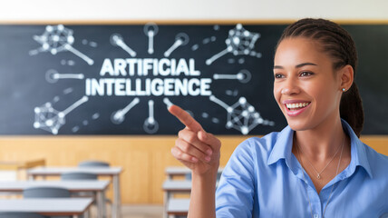 A joyful young Black woman in a blue shirt gestures while teaching about artificial intelligence in a classroom setting.