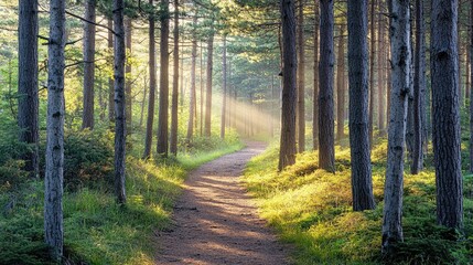 Obraz premium Sunlight streams through pine trees along a peaceful forest trail