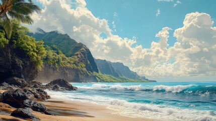 Obraz premium Tropical beach scene featuring ocean waves cliffs and a clear blue sky