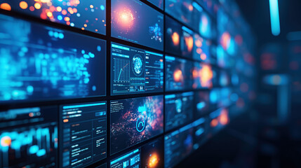 Fototapeta premium Futuristic multimedia screens floating in a digital hub with soft lighting and dark blue background