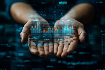 Two hands open, presenting a floating financial news in the air, with a blue-tech background, giving a high-end professional feel