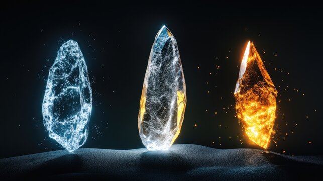 Three microliths displayed against a black background representing prehistoric stone tools from the Paleolithic era crafted from silex material