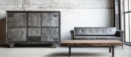 Metal antique handmade cabinet and coffee table set against a modern white and gray backdrop stylish home decor