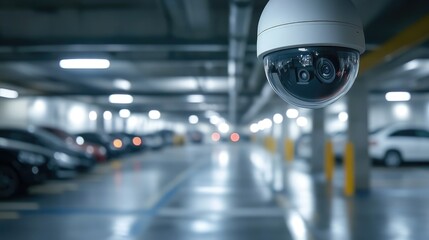 Fototapeta premium Indoor CCTV security camera system monitoring a blurred image of an underground parking area featuring RFID management and surveillance technology for enhanced safety