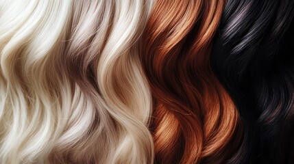 Fototapeta premium Variety of natural hair colors and textures for extensions and wig creation Hair extension styling Visual content for beauty salons showcasing a range of color shades