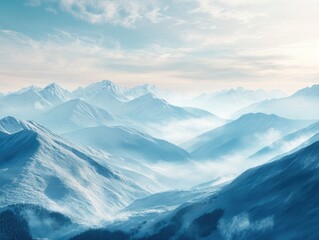 Obraz premium Fantasy magical mountain landscape featuring a mystical winter valley Panoramic view of expansive mountains and rural nature backdrop with rolling hills on the horizon