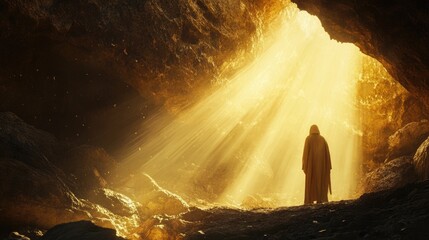 Fototapeta premium Individual in a robe standing at the entrance of a cave illuminated by sunlight