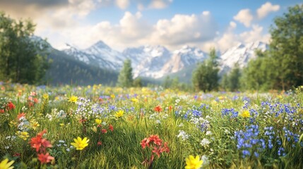 Fototapeta premium Serene meadow landscape filled with lush greenery and colorful wildflowers creating a tranquil and picturesque scene in nature