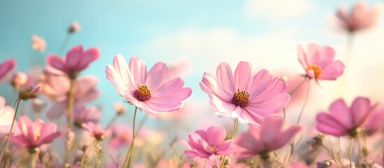Obraz premium Vibrant cosmos flowers bloom in a meadow during spring and summer creating a stunning display against a blue sky Soft focus highlights their beauty