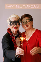 Two beautiful stylish mature senior women celebrating new year. Fun, party, style, celebration concept