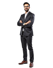 Confident businessman in suit with arms crossed, isolated on transparent background.