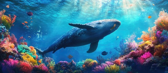 Fototapeta premium Underwater photograph of a whale amidst a vibrant marine environment