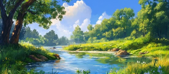 Obraz premium Vibrant nature painting showcasing a lush landscape with clear water on a sunny day capturing the beauty of a serene park setting