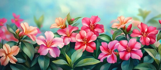 Artwork of Adenium blooms showcasing vibrant pink and red flowers in a lush garden setting celebrating the beauty of spring and nature