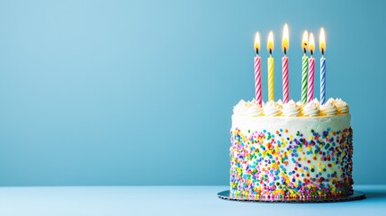 Birthday cake adorned with candles against a blue backdrop