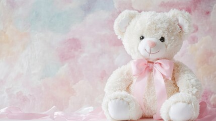 White teddy bear adorned with a pink ribbon against a soft pastel backdrop embodying a playful toys theme