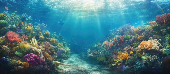 Fototapeta premium Vibrant underwater scene showcasing a healthy coral reef teeming with diverse marine life Captured in a wide angle photo that highlights the beauty of tropical waters