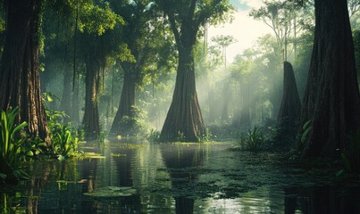 Fototapeta premium Mayan inspired trees in a mystical swamp setting