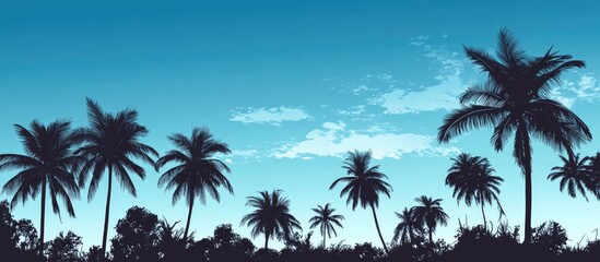 Obraz premium Tropical scene featuring palm trees silhouetted against a vivid blue sky highlighting summer vibes with a focus on coconut and other trees along the coast