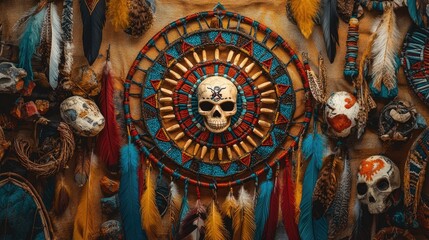 Fototapeta premium Artwork featuring tribal decorative elements including feathers dream catchers arrows Aztec motifs feather headdresses tents and skulls