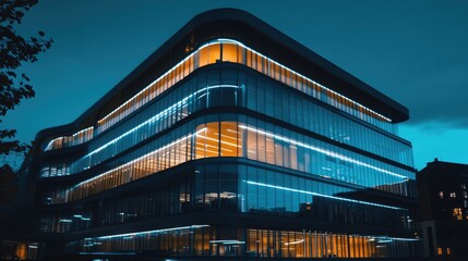A contemporary office building illuminated at night