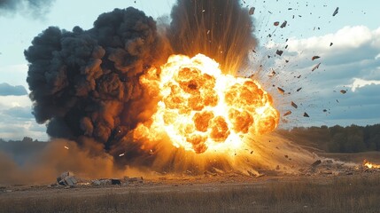 A significant explosion generates a large fireball and thick black smoke sending debris flying in various directions during a demolition activity