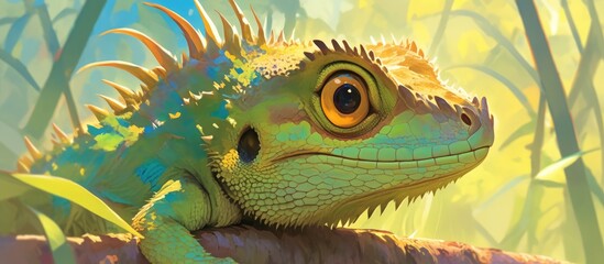 Obraz premium Close up of a vibrant green crested lizard in detail