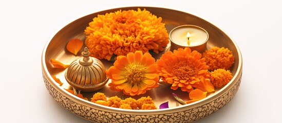 Decorative puja thali featuring diya marigold flowers and various petals isolated on a white background with selective focus