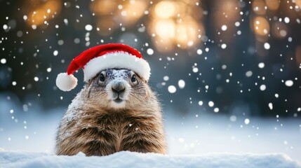 Festive Groundhog in a Santa Hat Enjoys Christmas Amidst Gentle Winter Snowfall