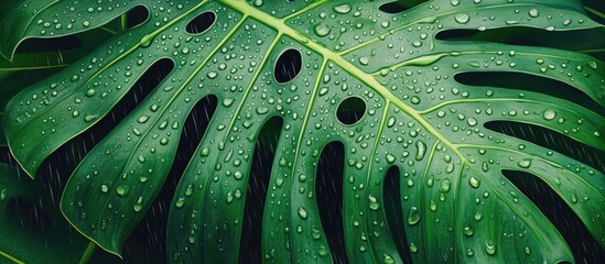 Fototapeta premium Artwork depicting the texture of a large evergreen tropical leaf featuring a hole pattern with raindrops in the background
