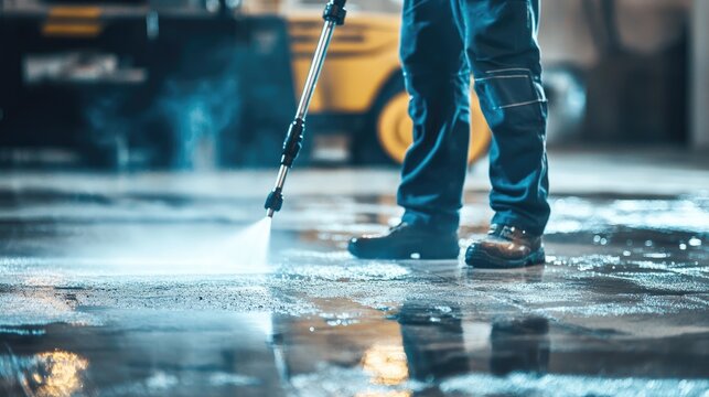Close up of a worker using a pressure washer to clean a driveway showcasing professional cleaning techniques and effective deep cleaning with high pressure