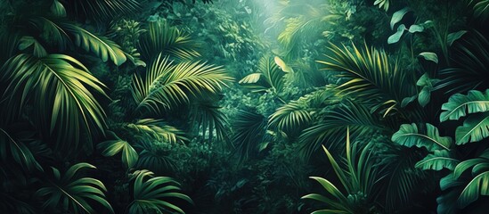 Vibrant artwork depicting a lush exotic jungle scene filled with dark green foliage and palm trees perfect for wall art or a mural in a widescreen format