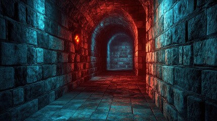 Deserted castle dungeon ideal for a medieval game cartoon Glowing creature eye in a dim corridor Eerie stone walls in an underground hall Halloween themed horror fantasy jail perspective