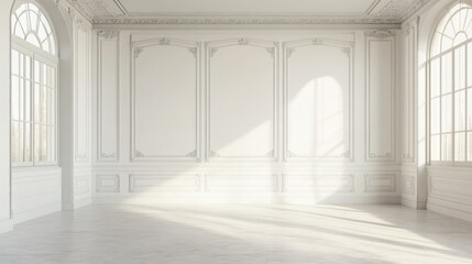 Fototapeta premium Elegant empty room showcasing a clean white wall embellished with classic style moldings