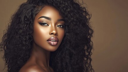 Fototapeta premium Stunning woman of African descent featuring long curly hair and elegant makeup