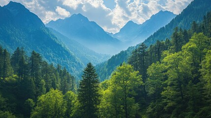 Fototapeta premium Majestic mountain summits surrounded by a lush pine forest at their foothills