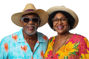 Smiling senior couple in vacation clothes. Happy elderly man and woman with grey hair wearing summer hats. Man wears sunglasses, woman wears glasses. Afro American retired couple portrait. Transparent