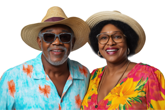 Smiling senior couple in vacation clothes. Happy elderly man and woman with grey hair wearing summer hats. Man wears sunglasses, woman wears glasses. Afro American retired couple portrait. Transparent