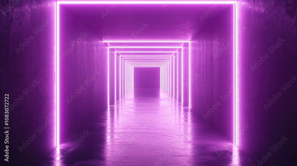 Wall mural neon rectangular frame with horizontal lighting tunnel corridor background featuring geometric glow 