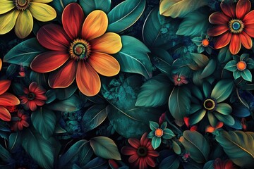 Fototapeta premium Vibrant high resolution floral field background featuring an intricate decorative flower design in shades of green red and blue creating a striking and original composition