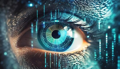 A close-up digital illustration of a human eye with a high-tech, futuristic design, featuring intricate data lines