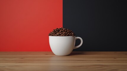 Coffee cup filled with organic coffee beans on a wooden surface with a red and black backdrop