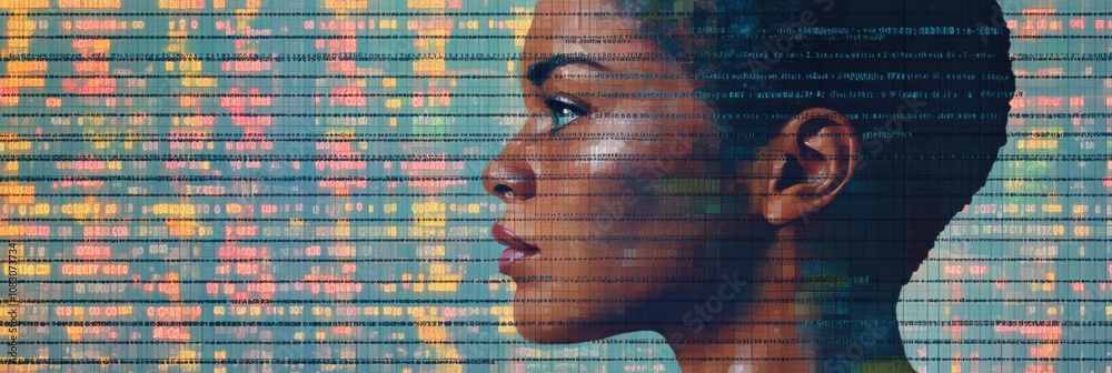Aufkleber a profile silhouette of a human overlaying intricate rows of genetic code symbols, representing the 