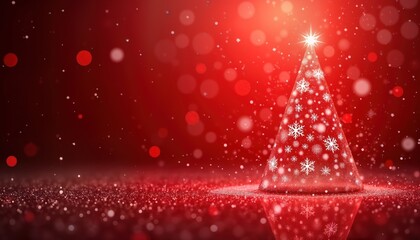 Red background with Christmas tree. Sparkling glitter, blurred lights and falling snowflakes. Christmas tree decorated with white snowflakes. Red color theme. Winter holiday, New Year decor.