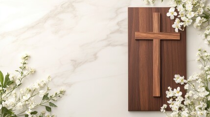 Elegant funeral invitation template featuring a wooden cross and white flowers designed with space for personalized text